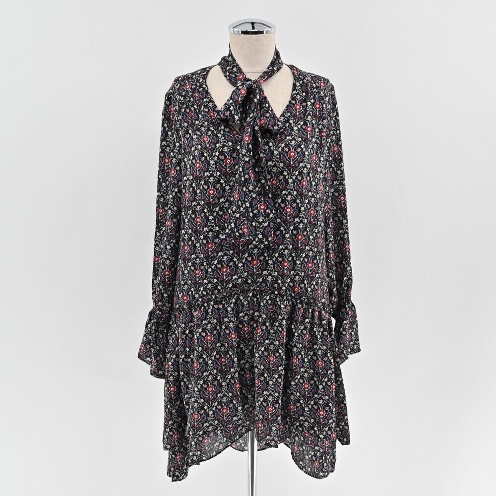 JOIE Dress Sz S Jamira Black Floral Silk Tie Neck Bell Sleeve Ruffle Mini Ditsy‎
